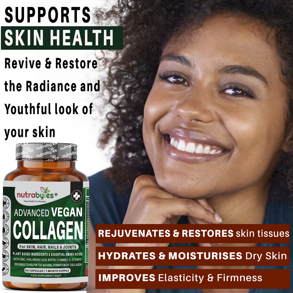 NUTRABYTES Advanced Vegan Collagen capsules for hair, skin, nails, and joints, featuring plant-based ingredients and essential amino acids.