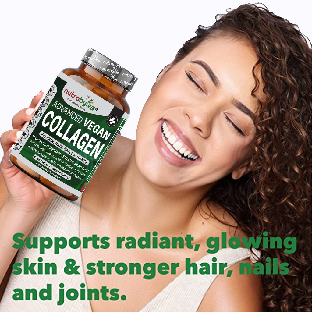 NUTRABYTES Advanced Vegan Collagen capsules supporting radiant skin, hair, nails, and joints with plant-based amino acids.