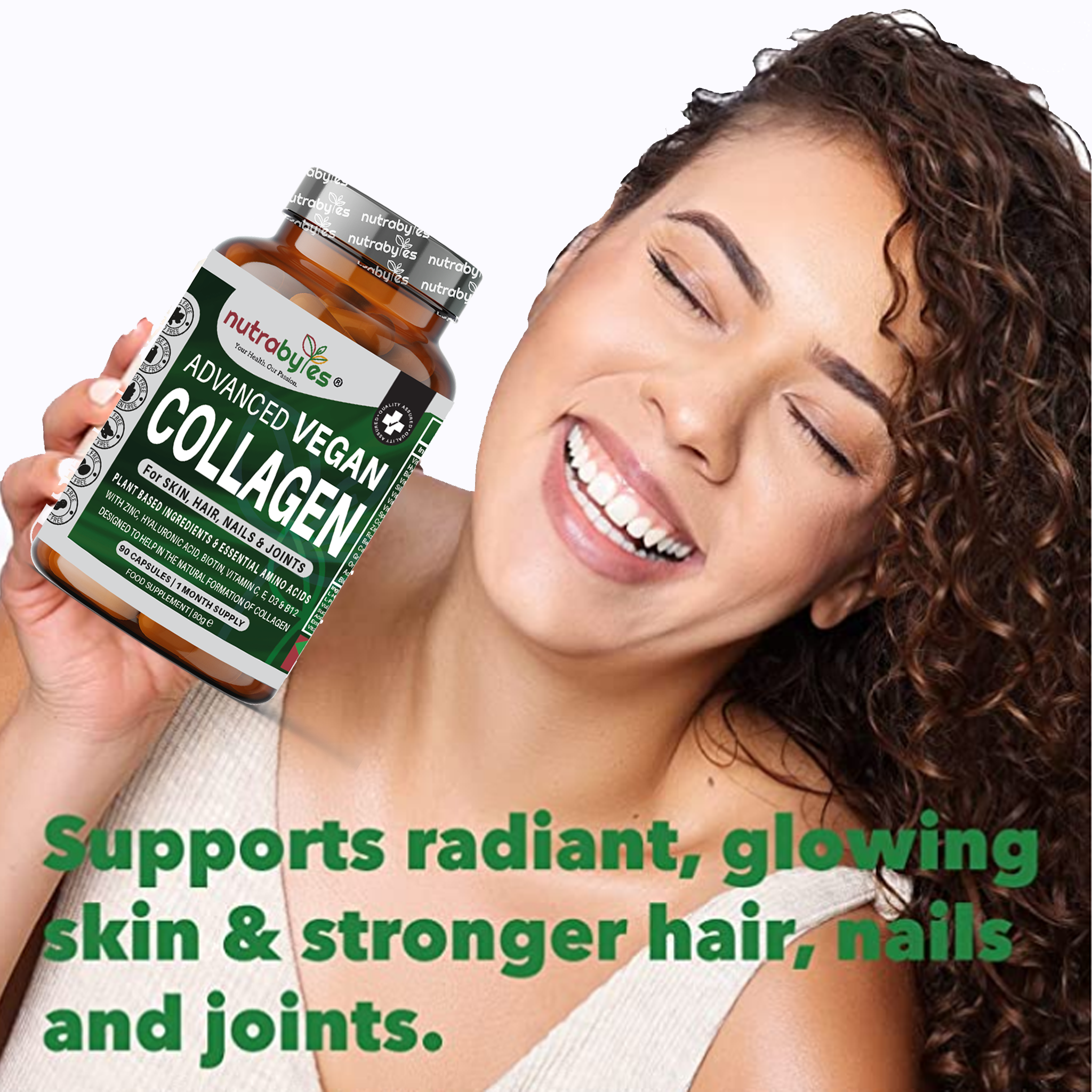 NUTRABYTES Advanced Vegan Collagen capsules supporting radiant skin, hair, nails, and joints with plant-based amino acids.