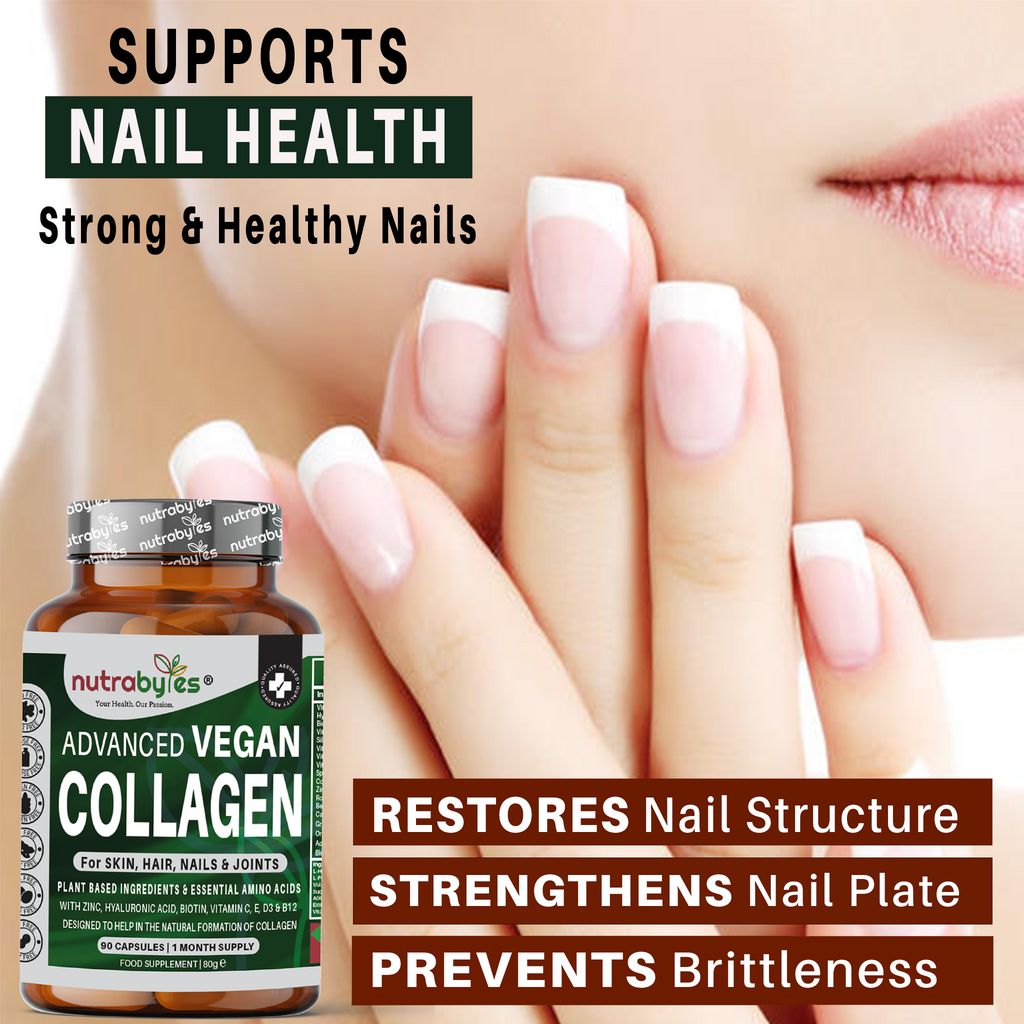NUTRABYTES vegan collagen capsules for hair, skin, nails, and joints, featuring plant-based ingredients and essential amino acids.