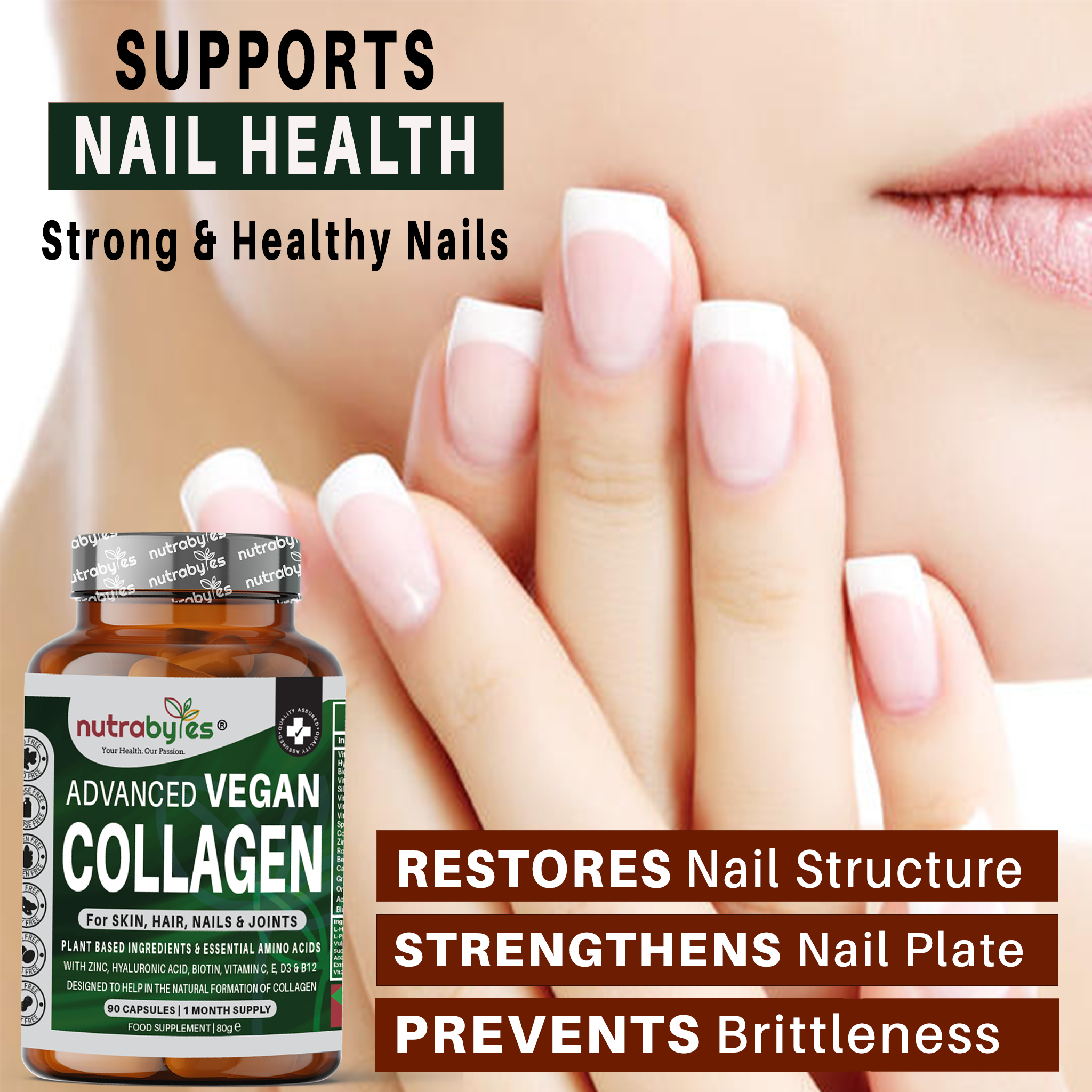 NUTRABYTES vegan collagen capsules for hair, skin, nails, and joints, featuring plant-based ingredients and essential amino acids.