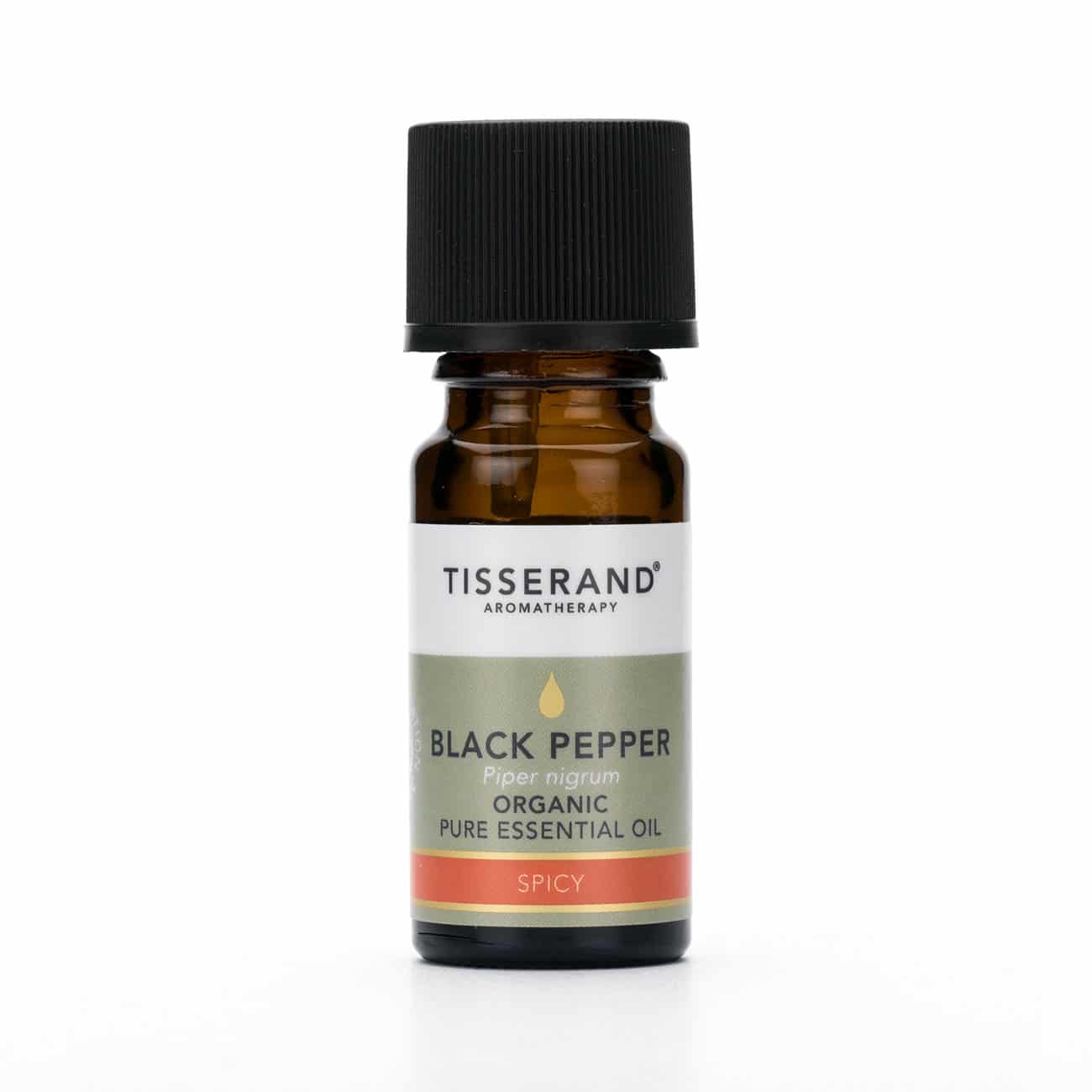 Black Pepper organic essential oil from Tisserand Aromatherapy in a 9ml bottle, used for beauty and wellness applications.