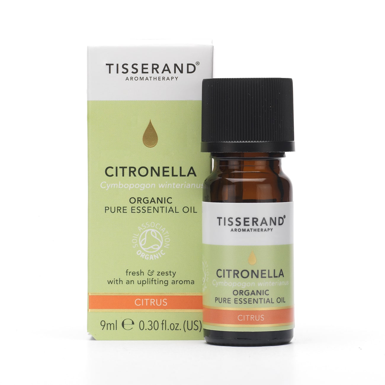 Organic Tisserand Aromatherapy Citronella Essential Oil in 9ml bottle, natural beauty product with bright yellow citrus aroma.