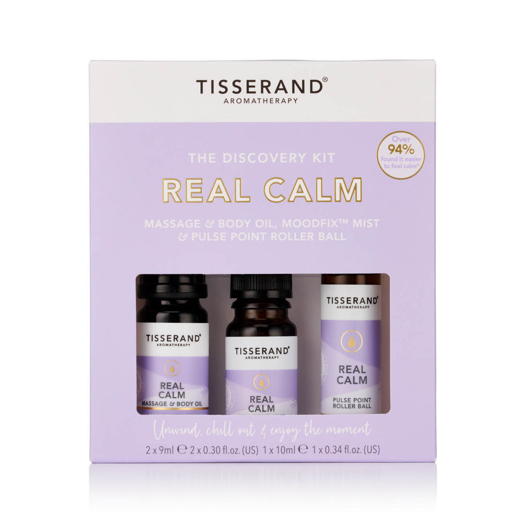Tisserand Aromatherapy Real Calm Discovery Kit with two 9ml and one 10ml bottles of calming essential oils.