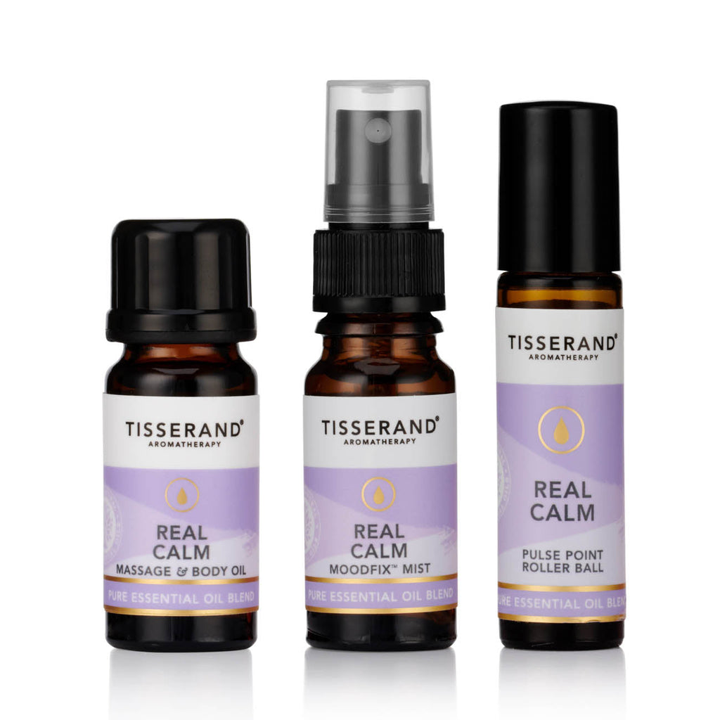 Tisserand Aromatherapy Real Calm Discovery Kit with two 9ml and one 10ml bottles, featuring calming essential oils in a beauty set.