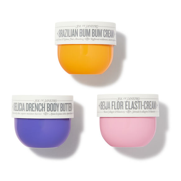 Sol de Janeiro Rio Body Trio set with three 75ml skincare bottles featuring tropical-inspired packaging and vibrant design.