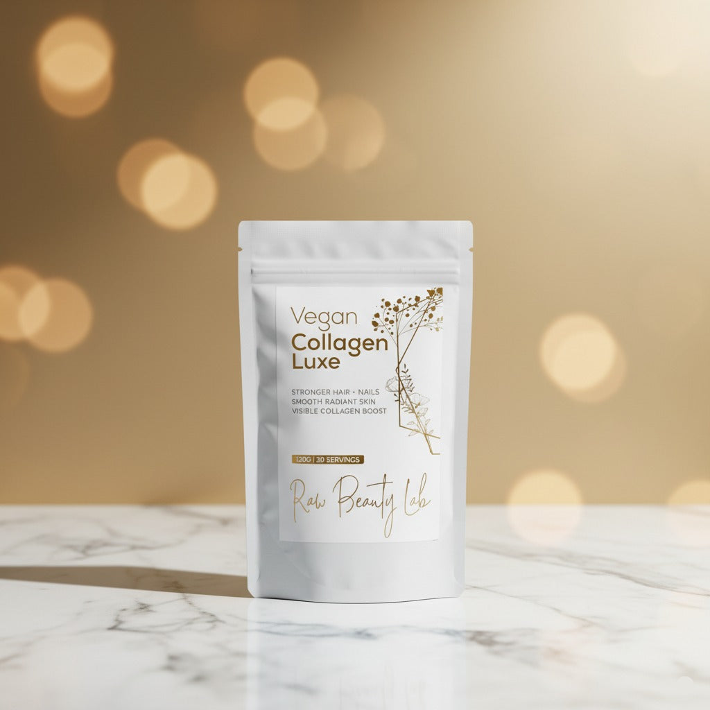 Vegan Collagen Luxe supplement by Raw Beauty Lab featuring a sleek bottle with supplement capsules on a clean background.