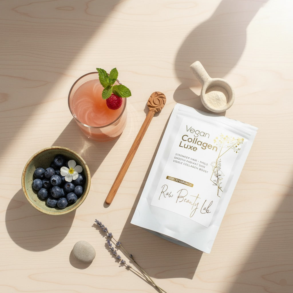 Vegan Collagen Luxe supplement by Raw Beauty Lab, featuring sleek bottle with label, designed for youthful skin and beauty support.
