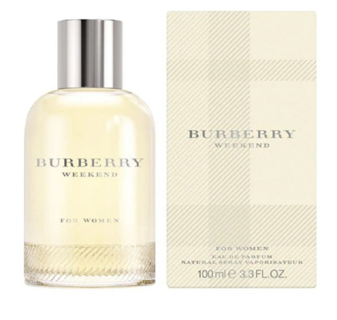 Burberry Weekend Women 100ml EDP perfume spray featuring a sleek bottle and elegant design.