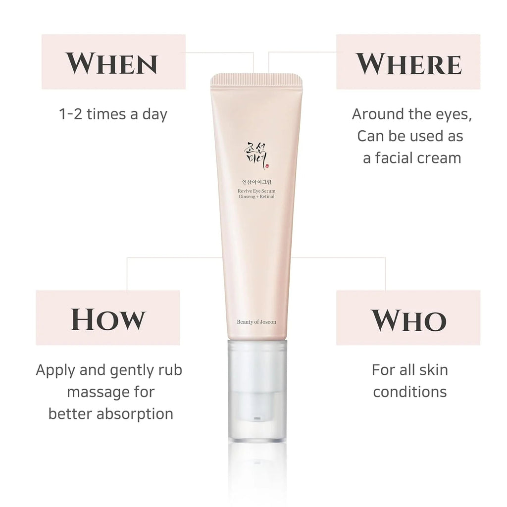 Mii Korean Skincare Beauty of Joseon Revive Eye Serum with ginseng and retinal in a 30ml bottle, designed for eye care.