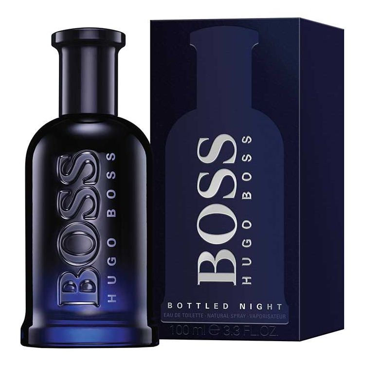 Hugo Boss Boss Bottled Night 100ml EDT perfume bottle and box, elegant packaging for men's fragrance display