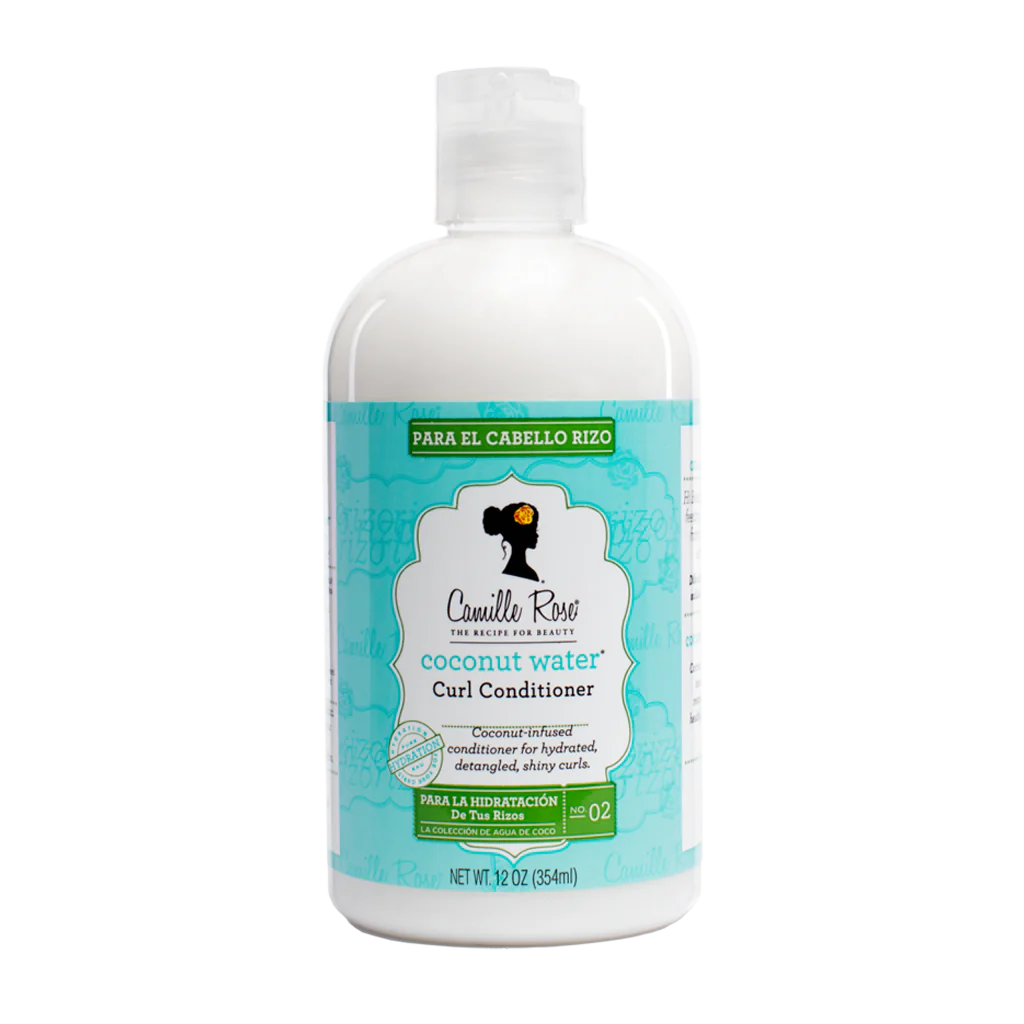 Camille Rose Naturals Coconut Water Curl Conditioner in 354ml bottle, designed for moisturizing curly hair.