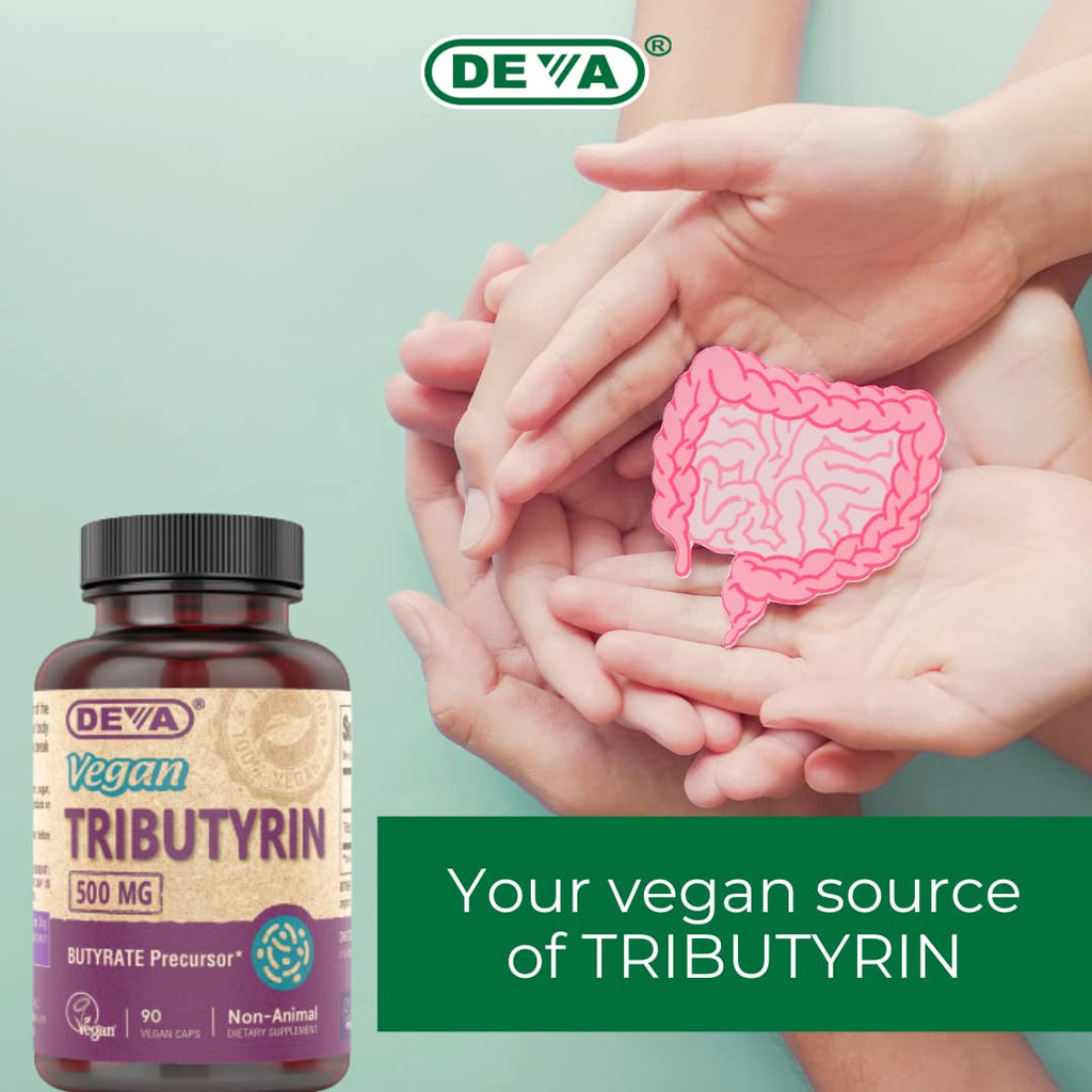 BritishVita DEVA Vegan Tributyrin supplement bottle with 90 capsules, supporting gut health and barrier function.