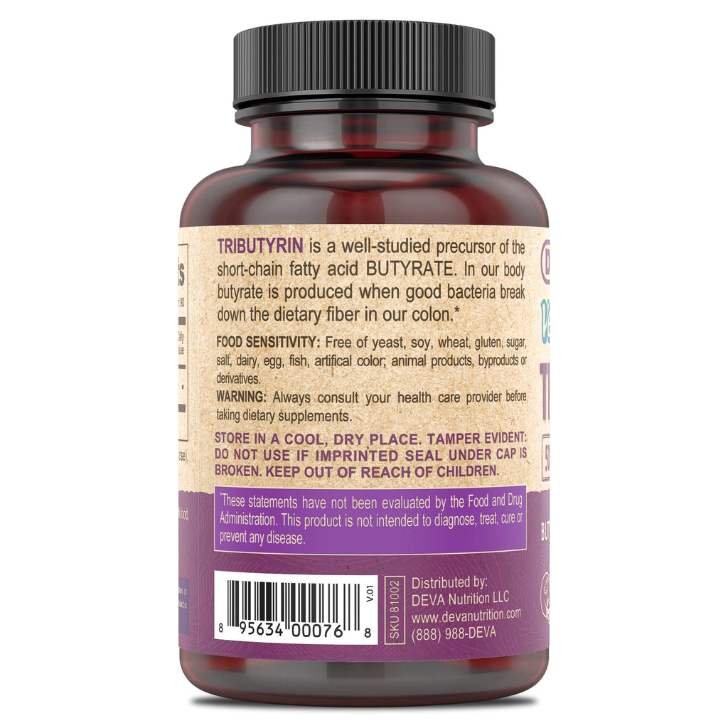 BritishVita DEVA Vegan Tributyrin supplement bottle with 90 capsules, 500 mg butyrate precursor for gut barrier support.