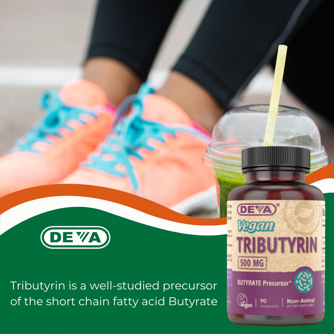 BritishVita DEVA Vegan Tributyrin supplement bottle with 90 capsules, shown with a glass, supporting gut health and barrier function.