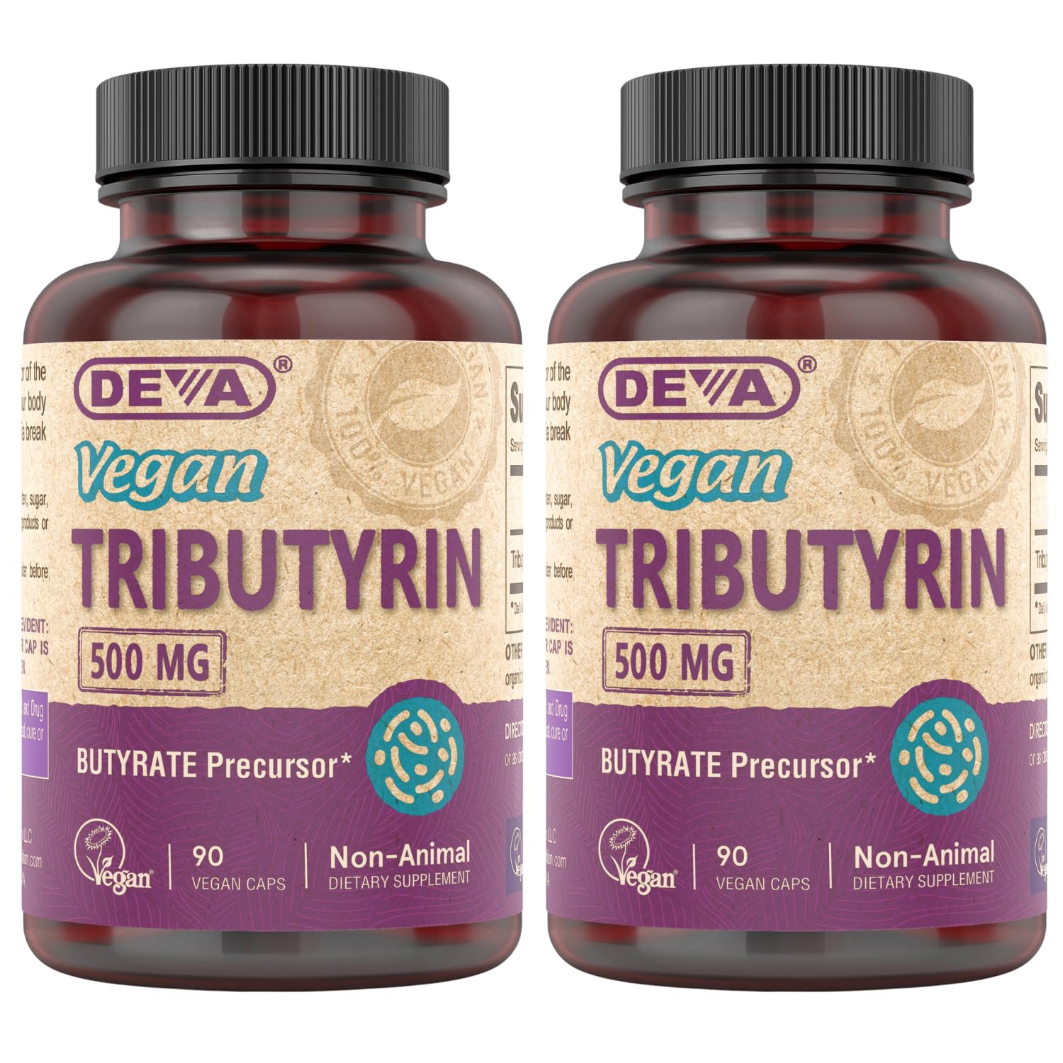 Close-up of DEVA Vegan Tributyrin supplement capsules by BritishVita, showing 500 mg butyrate precursor for gut support in a bottle.