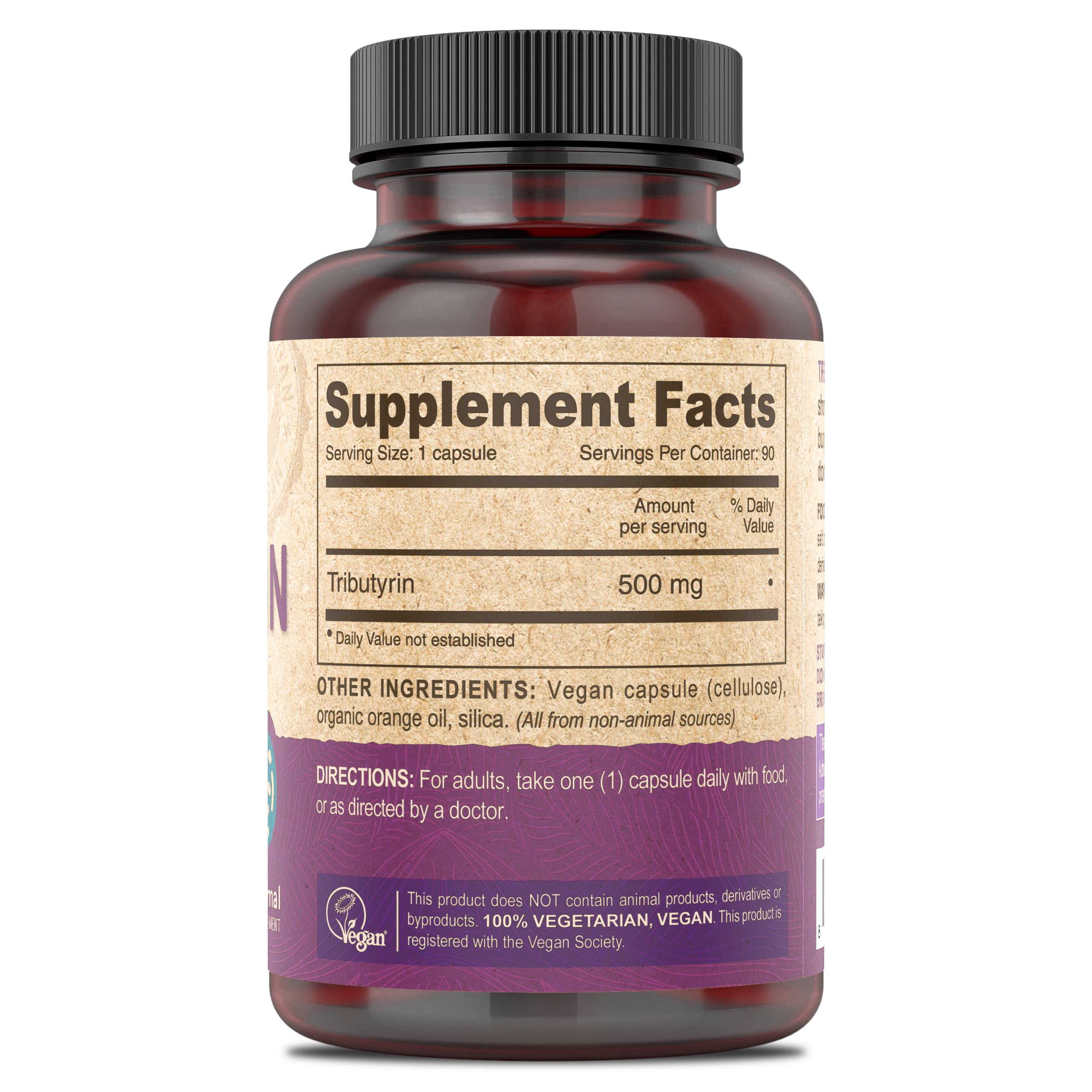 BritishVita DEVA Vegan Tributyrin supplement label showing ingredients, 500 mg butyrate precursor, gut support capsules, pack of 2