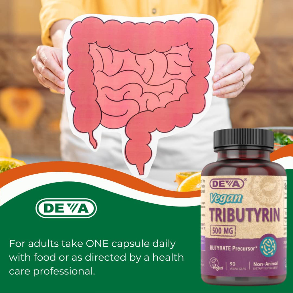 BritishVita DEVA Vegan Tributyrin supplement capsules, 500 mg butyrate precursor for gut health, shown in a bottle.