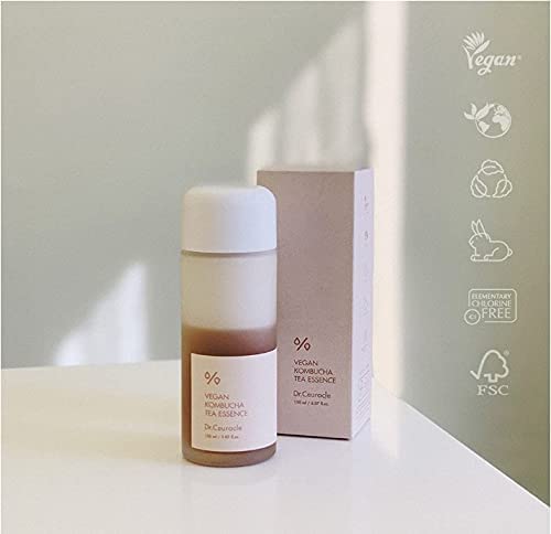Dr. Ceuracle Vegan Kombucha Tea Essence face serum in packaging box, hydrating and supporting skin impurities for all skin types.
