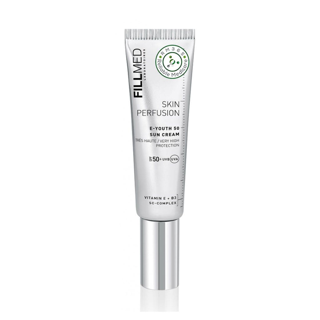 Fillmed Skin Perfusion UV Skin Protect SPF50+ lotion by Grace Beauty, showing a 50ml tube with sun protection benefits.