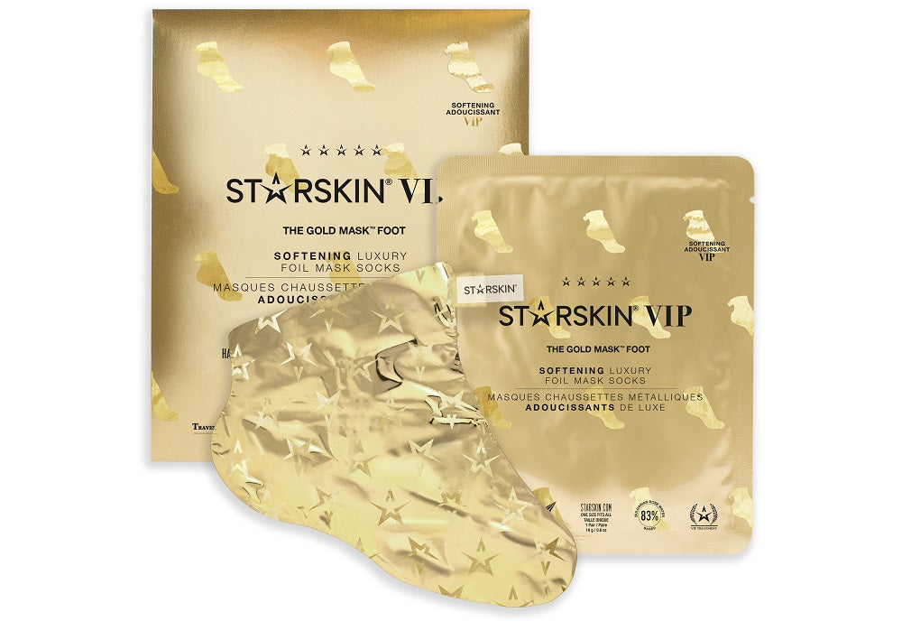 Grace Beauty STARSKIN VIP The Gold Foot Mask in gold foil socks, softening and nourishing foot skincare mask.