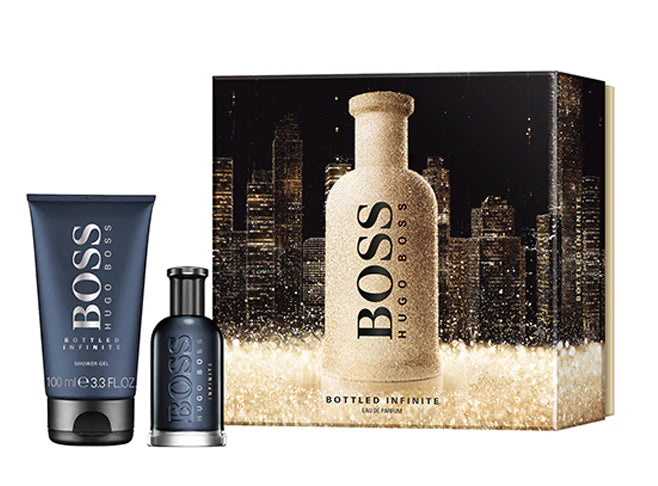 Hugo Boss Bottled Infinite Eau de Parfum 50ml and Shower Gel 100ml gift set, featuring elegant bottles and packaging.