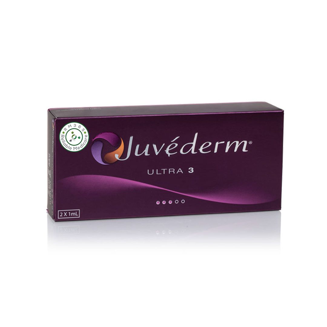 Juvederm Ultra 3 Lidocaine dermal filler syringes by Grace Beauty, showing two 1ml containers for skin enhancement treatment.