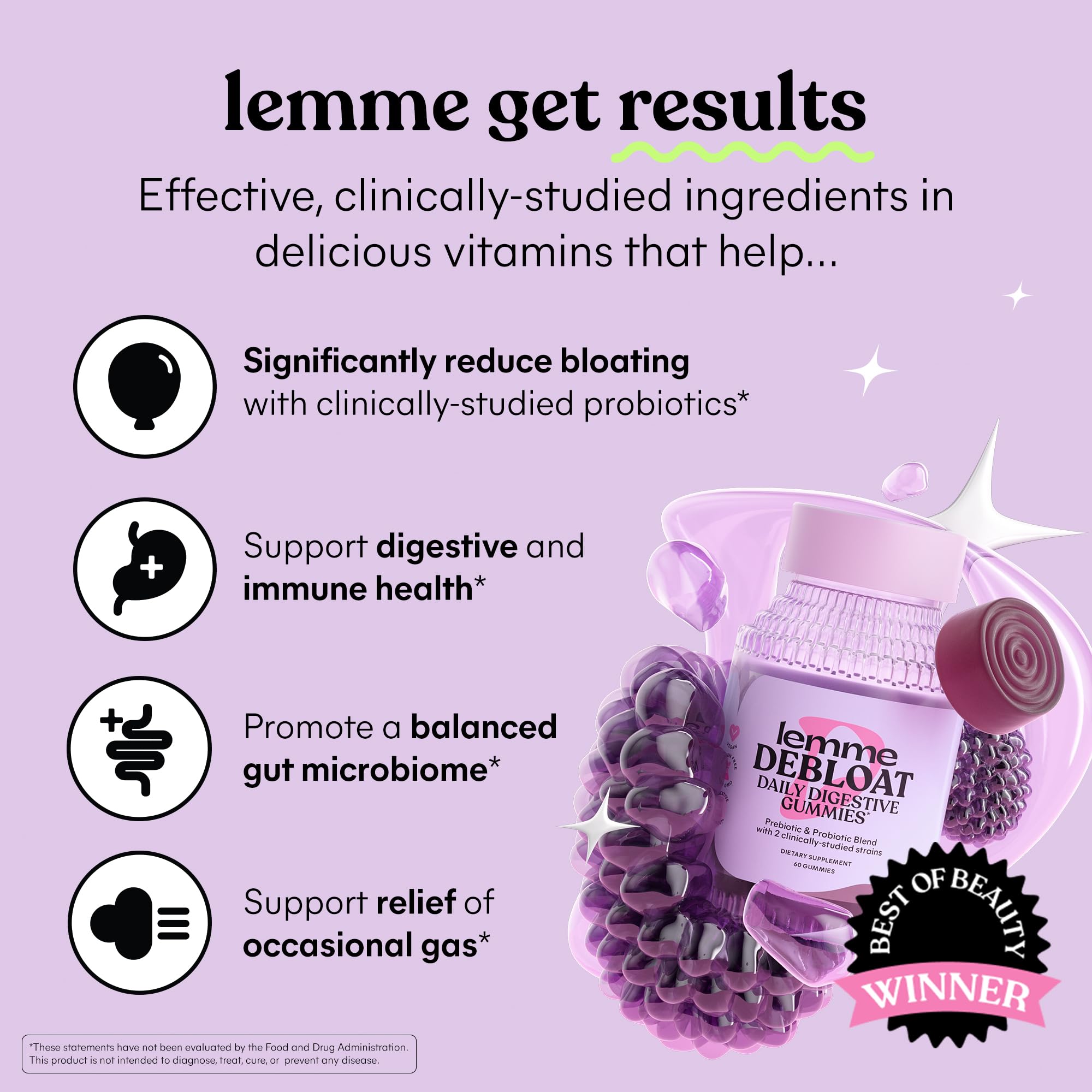 BritishVita Lemme Debloat digestive gummies with probiotics and prebiotics, 60-count bottle showing the supplement bottle.