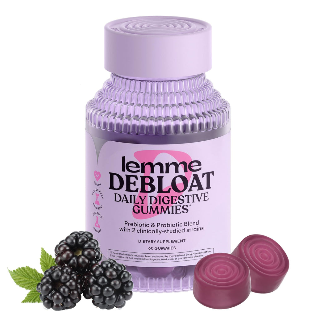 BritishVita Lemme Debloat digestive and gut health gummies with probiotics and prebiotic, 60 count bottle, front view.