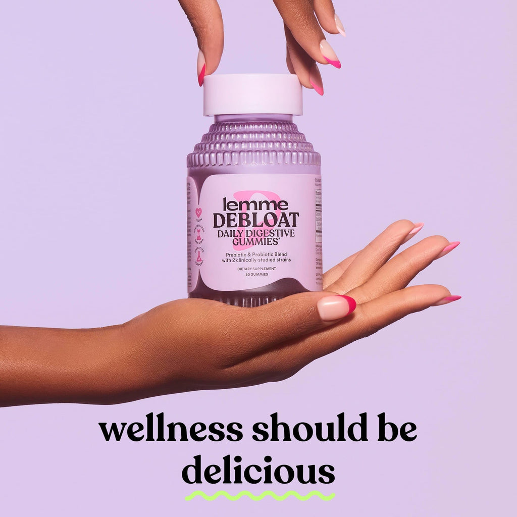 Close-up of BritishVita Lemme Debloat Digestive & Gut Health Gummies with probiotics and prebiotics in a 60-count bottle.