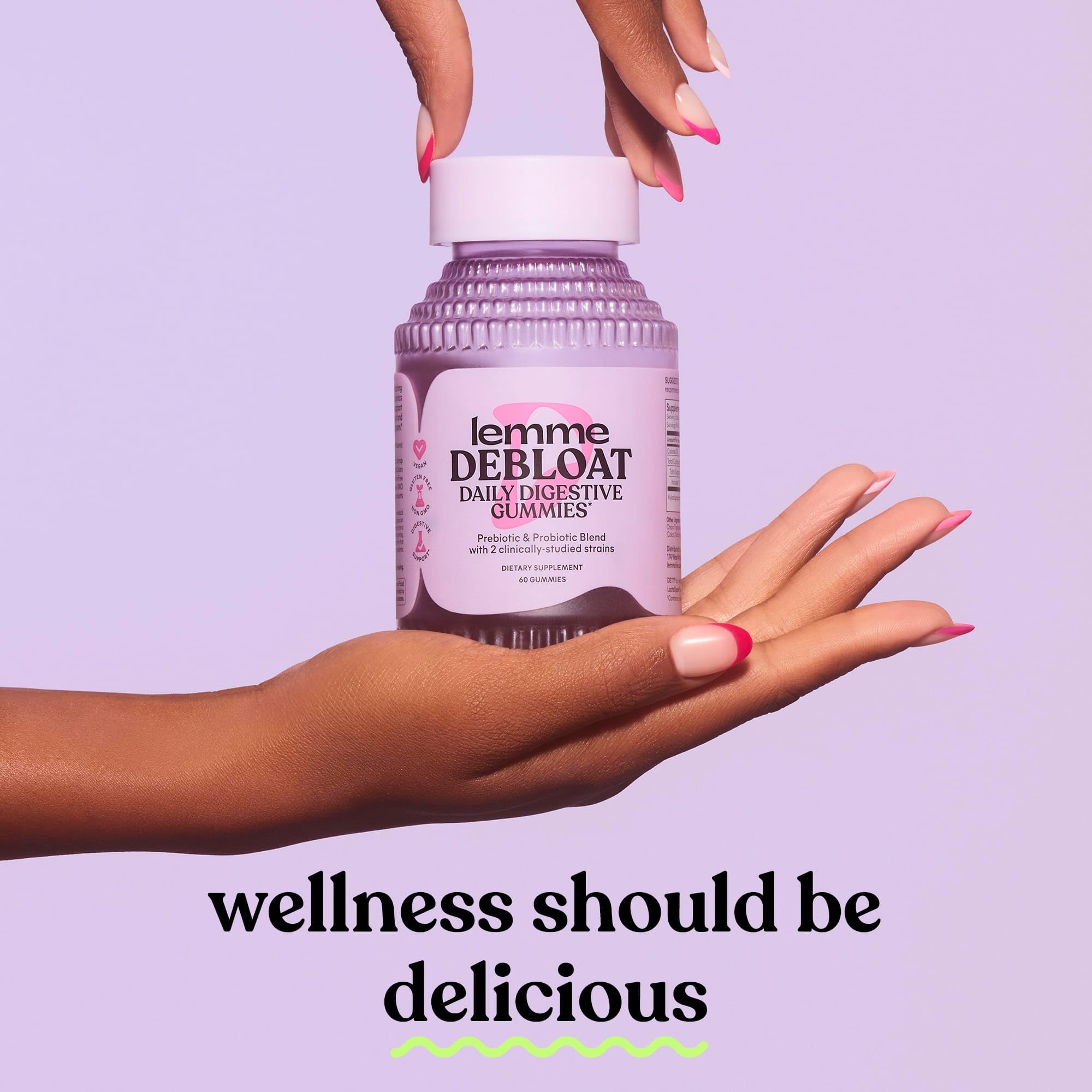 Close-up of BritishVita Lemme Debloat Digestive & Gut Health Gummies with probiotics and prebiotics in a 60-count bottle.