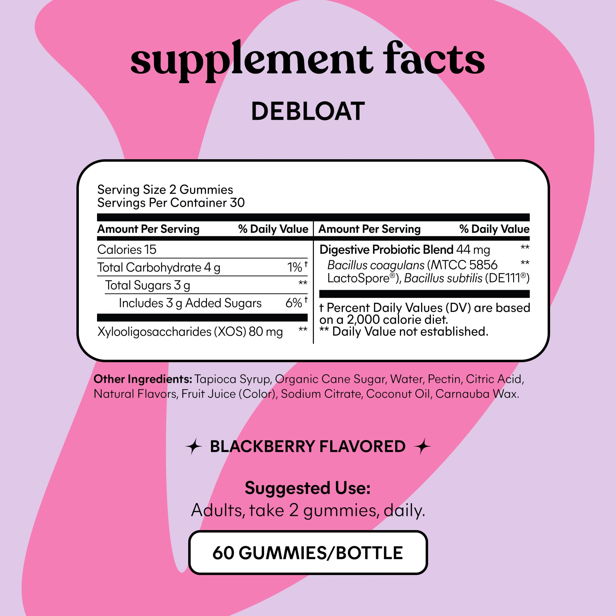 BritishVita Lemme Debloat digestive and gut health gummies with probiotics and prebiotics, 60 count, showing supplement ingredients.