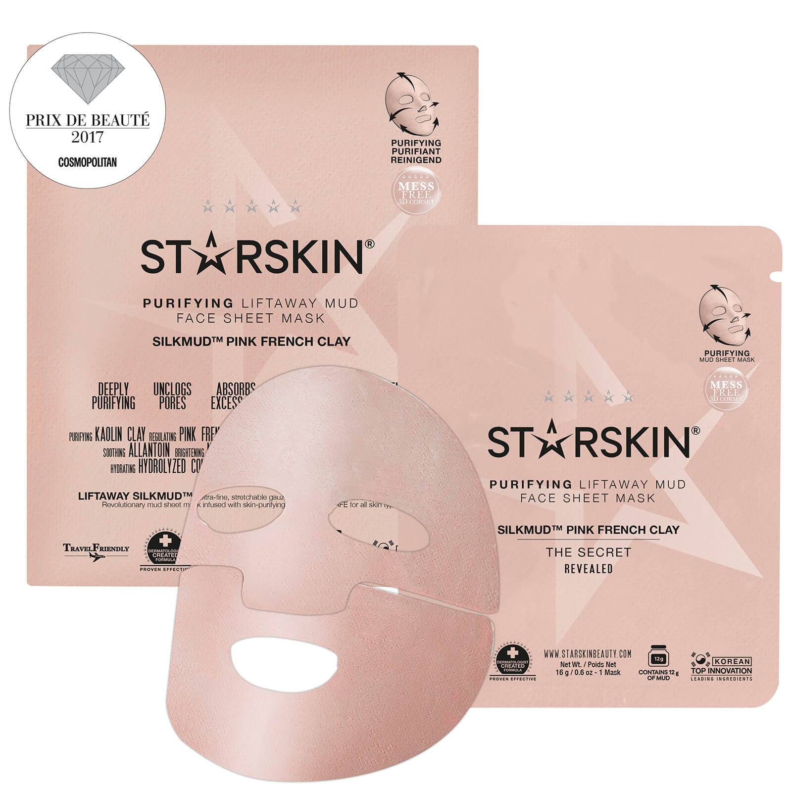 Grace Beauty STARSKIN SILKMUD Pink French Clay Purifying Face Sheet Mask for deep cleansing and skin detox.