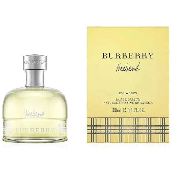 Burberry Weekend Women 100ml EDP perfume spray displayed in a clear bottle with a black cap, showcased against a neutral background.