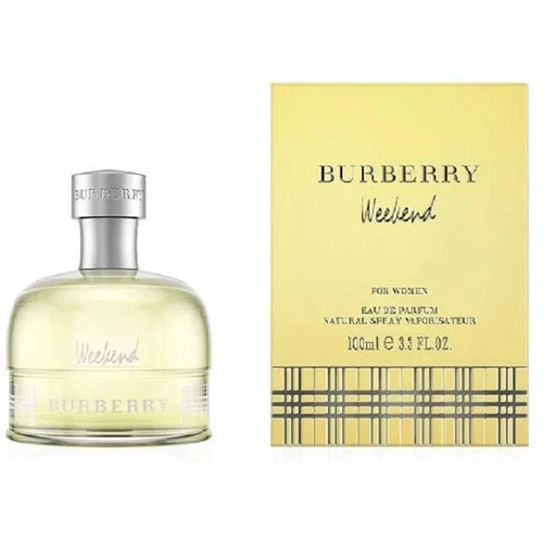 Burberry Weekend Women 100ml EDP perfume spray displayed in a clear bottle with a black cap, showcased against a neutral background.