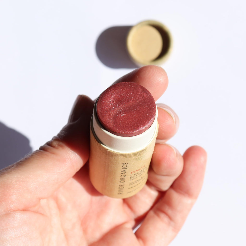 River Organics vegan blush stick by British Harmonia, hydrating cream blush in plastic-free packaging, 0.50 oz, face makeup product.