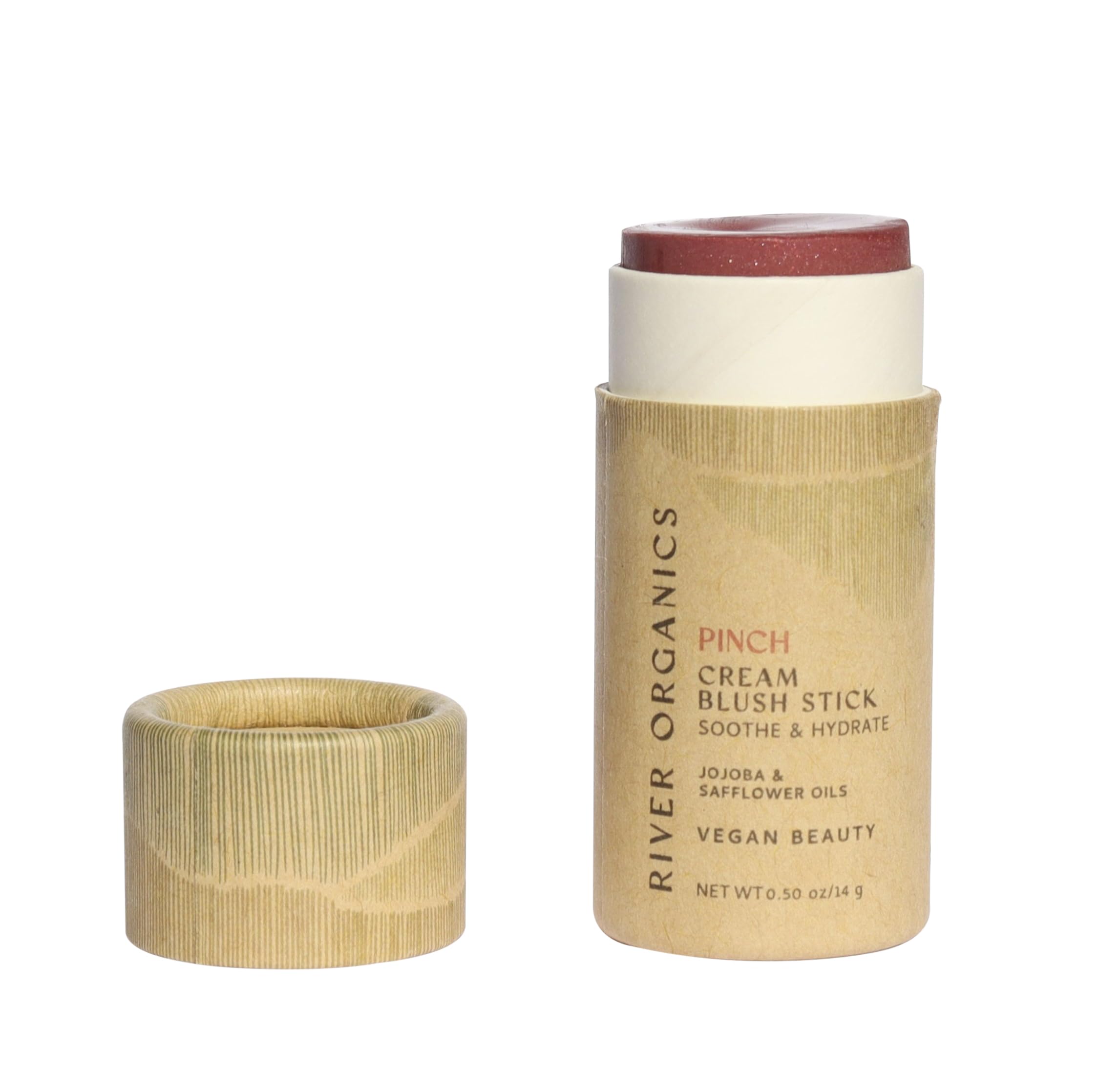 River Organics vegan blush stick swatched on cheek, showcasing hydrating cream blush in a natural, multi-use makeup application.