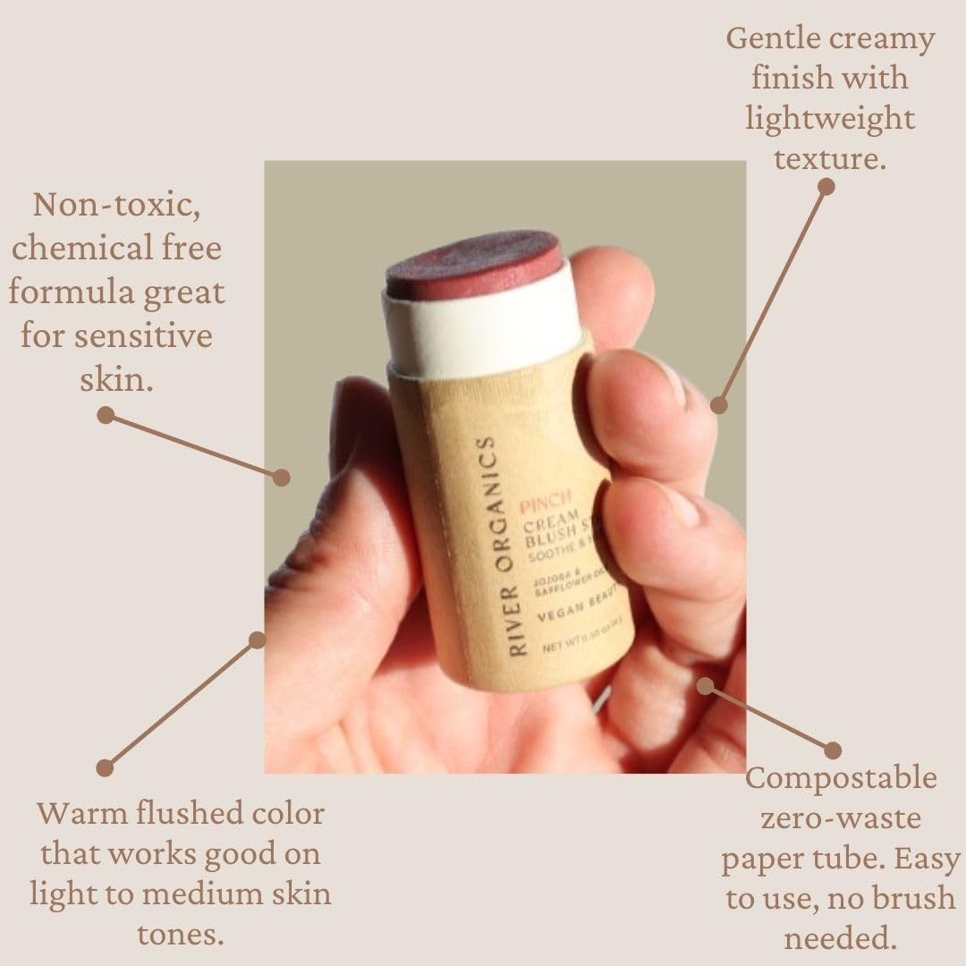 Close-up of River Organics Vegan Blush Stick by British Harmonia, showing its creamy texture and eco-friendly packaging for natural face makeup.