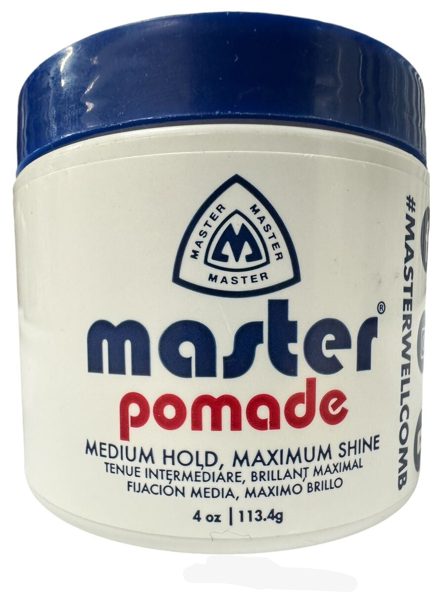 Master Wellcomb Master Pomade 113g for men hair styling, showing the jar with the product label and lid.