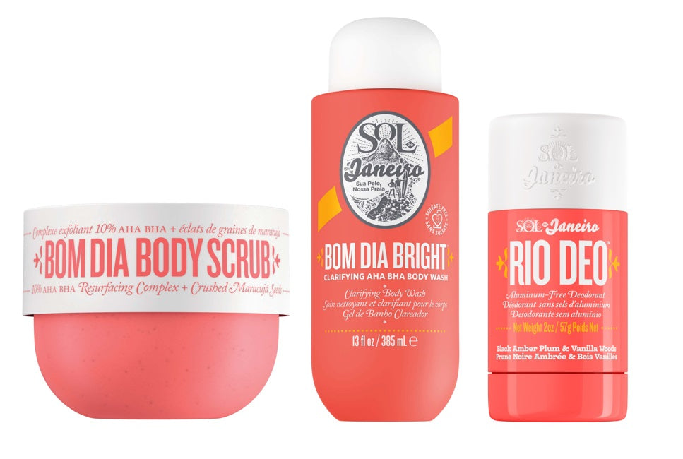 Sol de Janeiro Bom Dia Bright bundle with body scrub, body wash, and Rio Deo Cheirosa 40 perfume spray from Grace Beauty.