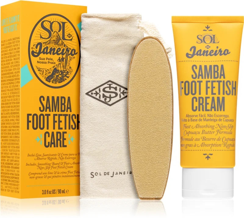 Sol de Janeiro Samba Foot Fetish skin care set for legs, featuring a 90ml bottle with tropical-themed packaging and nourishing formula.