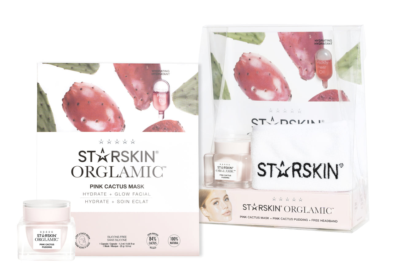 Grace Beauty STARTSKIN The Orglamic™ Collection set with pudding mask, pink cactus mask, and headband for skincare.