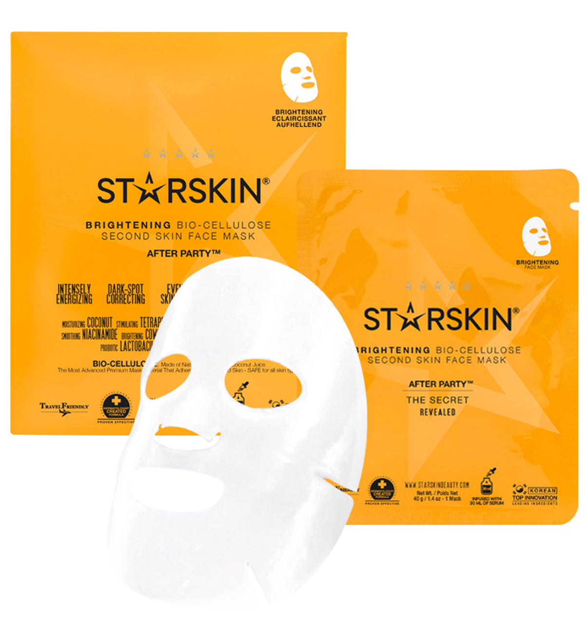 Starskin After Party brightening coconut bio-cellulose face mask from Grace Beauty, showcasing a soothing, hydrating skincare treatment.