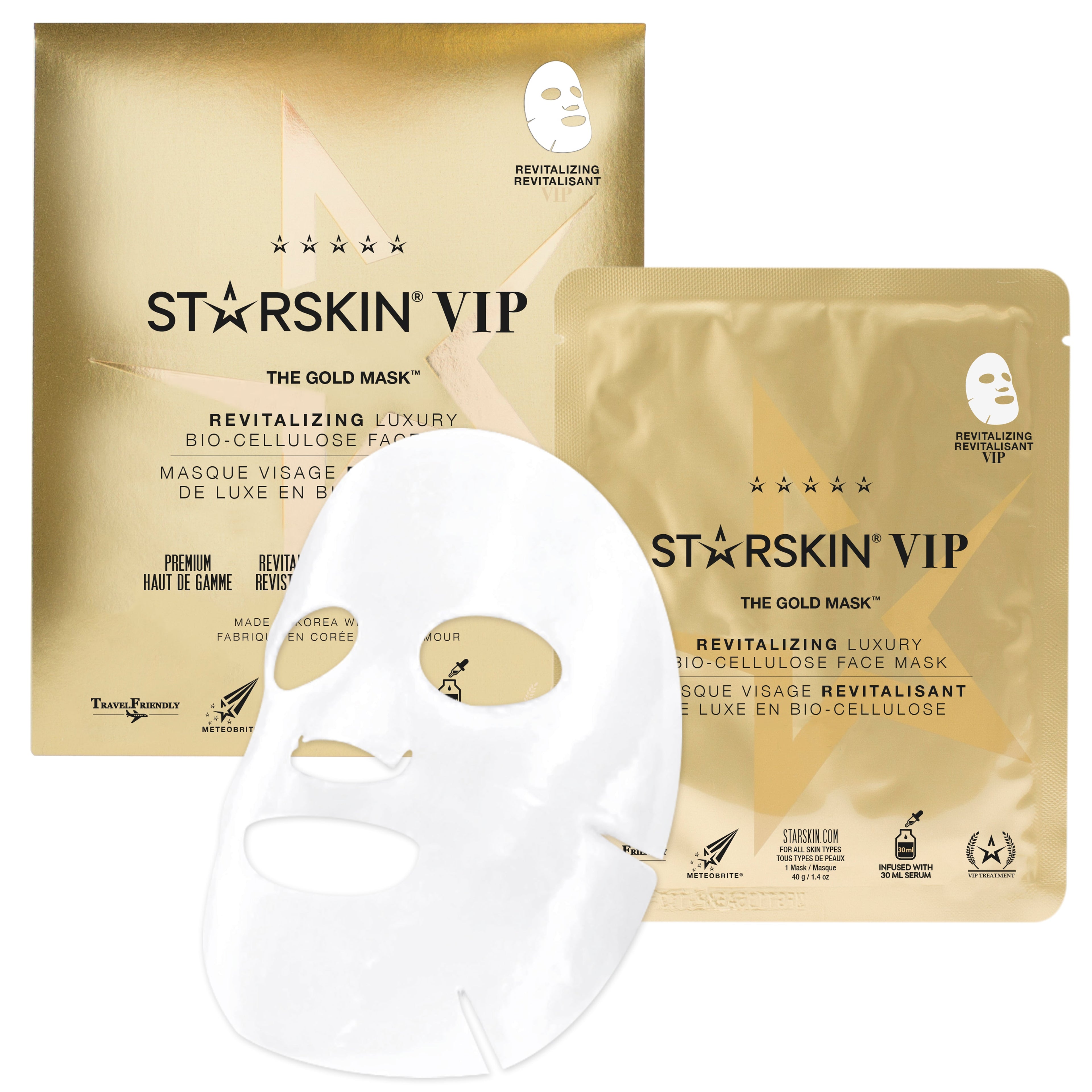 Grace Beauty STARSKIN The Gold Mask VIP revitalizing coconut bio-cellulose face mask in sachet, designed for skin care and rejuvenation.