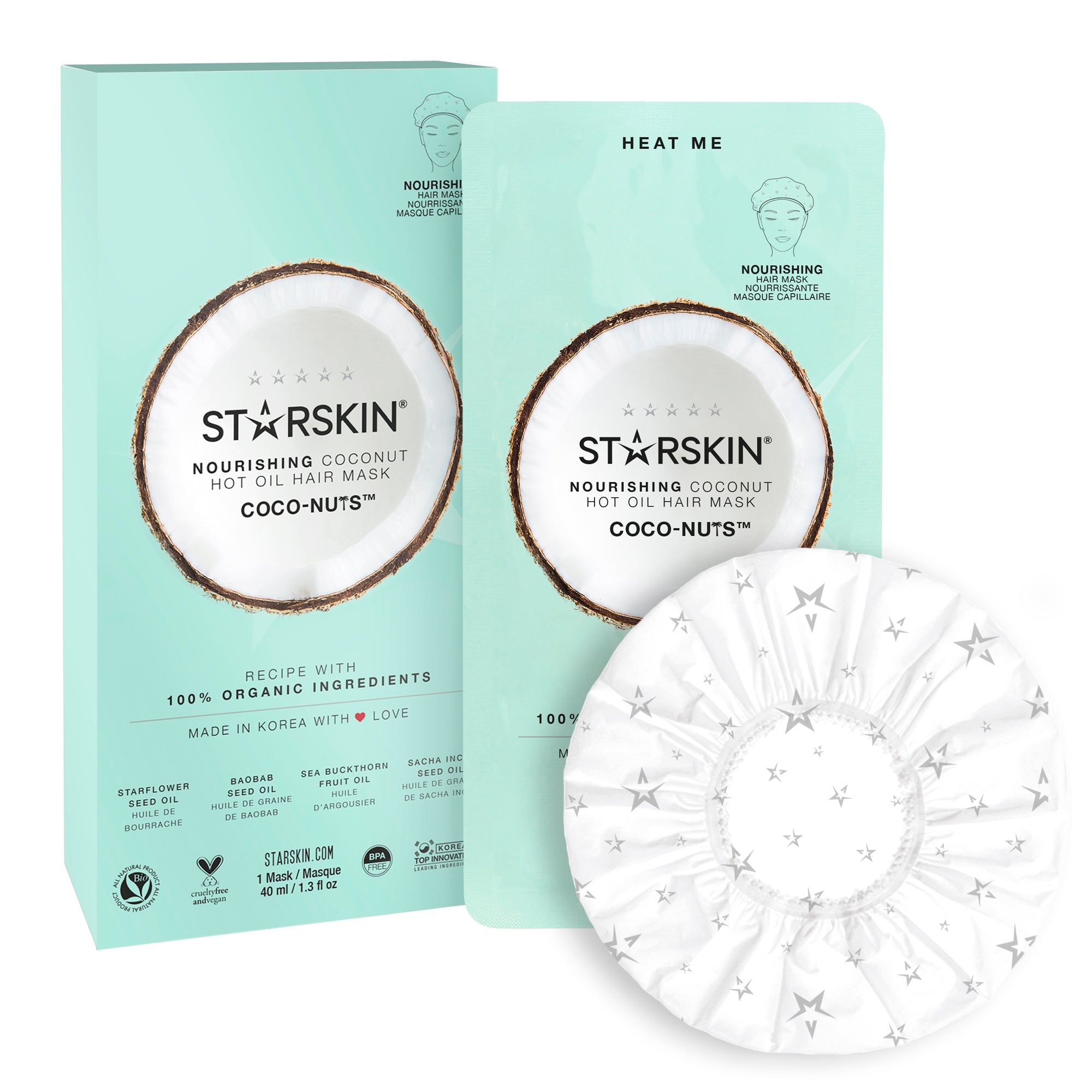 Grace Beauty STARSKIN Coco-Nuts Nourishing Hot Oil Hair Mask sachet in a box, designed for deep conditioning and hair nourishment.