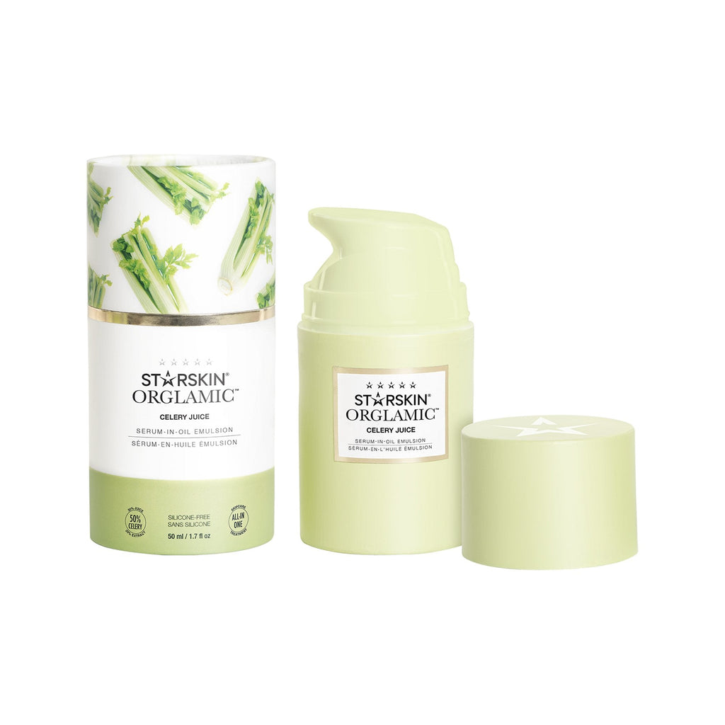 Grace Beauty Starskin Orglamic Celery Juice Serum-In-Oil Emulsion 50ml with open pump and box for skincare application.