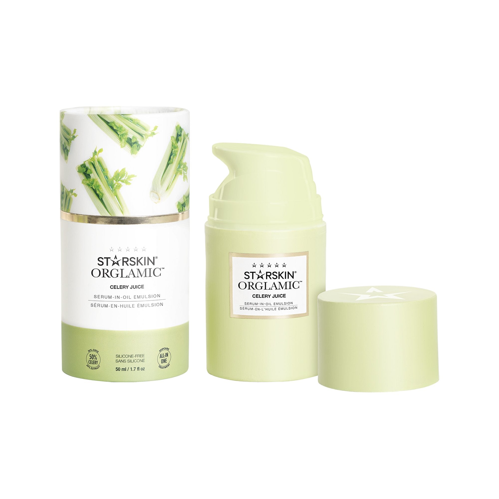 Grace Beauty Starskin Orglamic Celery Juice Serum-In-Oil Emulsion 50ml with open pump and box for skincare application.