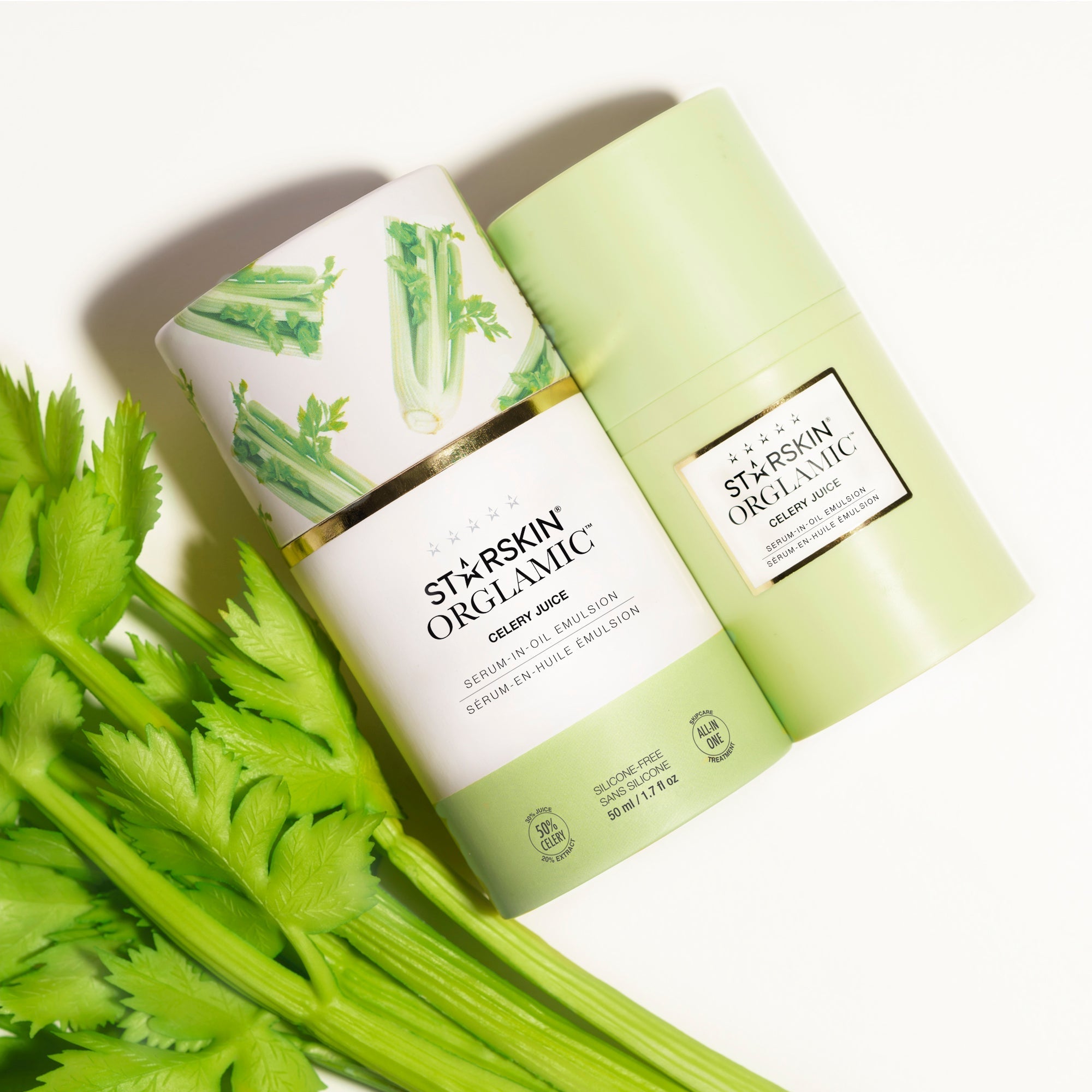 Starskin Orglamic Celery Juice Serum-In-Oil Emulsion in 50ml, a skincare product with a sleek bottle and fresh botanical design.