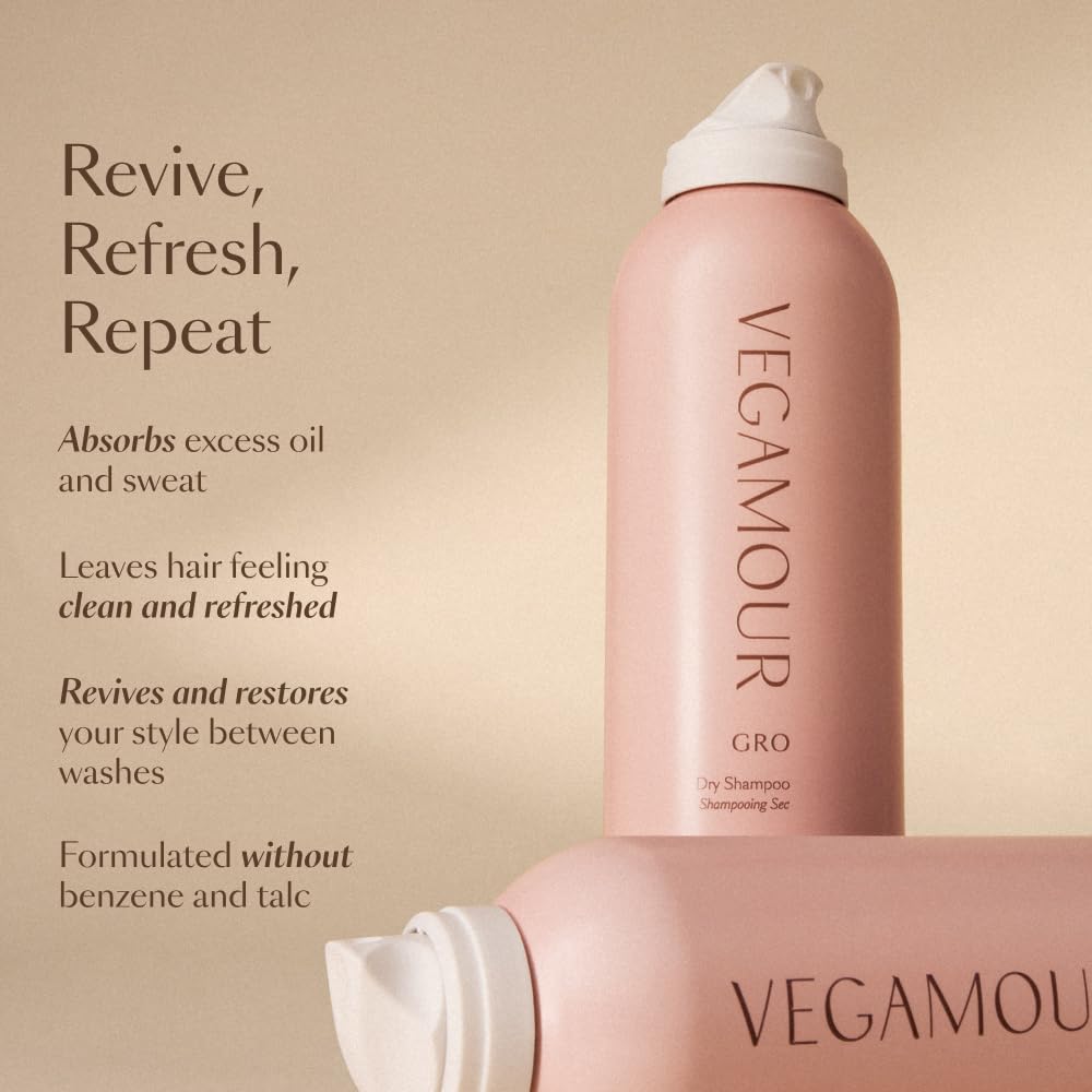 British Harmonia VEGAMOUR GRO Dry Shampoo travel size in bergamot scent, volumizing, benzene-free, 1.8 oz bottle.