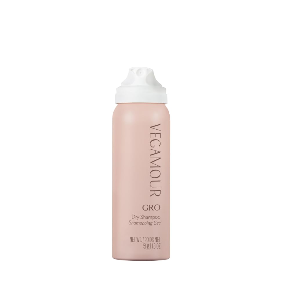 British Harmonia VEGAMOUR GRO Dry Shampoo Travel Size 1.8 oz, volumizing, benzene-free with bergamot scent, in application.